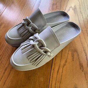 Coconuts by Matisse Gray Mules with Fringe Detail